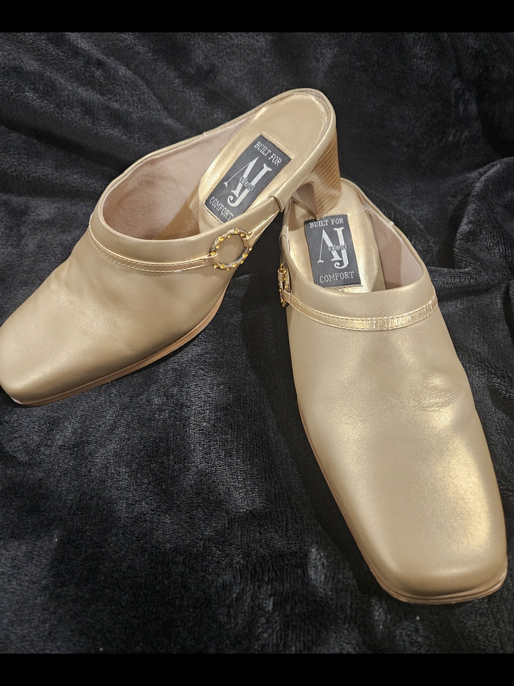 AJ Valenci Gold Slip-On Mule with Decorative Buckle